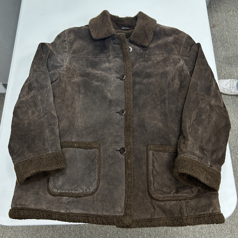 Unbranded Suede Leather Jacket womans XL Brown Faux Shearling Trim Button Front